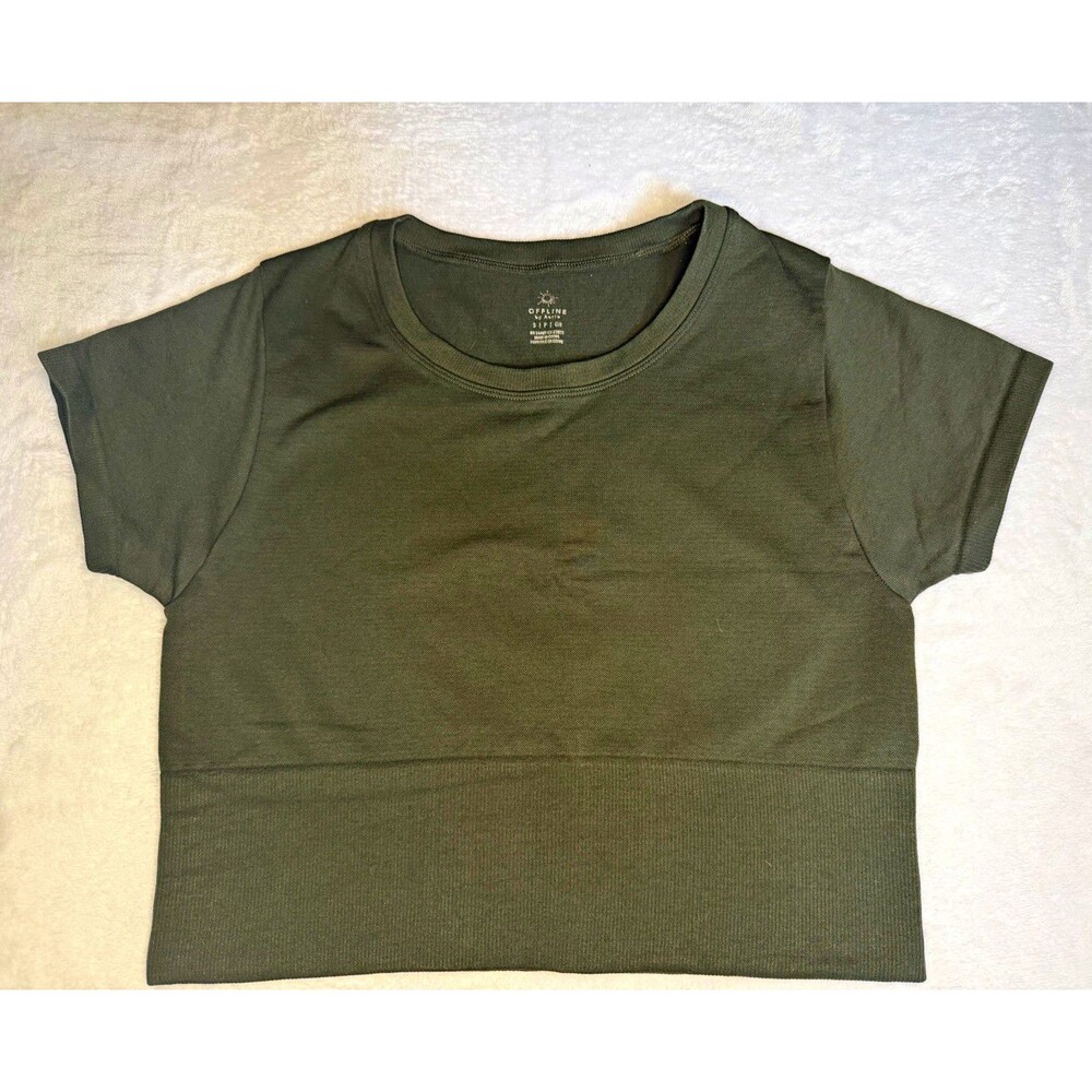 OFFLINE by Aerie Green Solid Knit Cropped Crew Neck Short Sleeve T-Shirt S